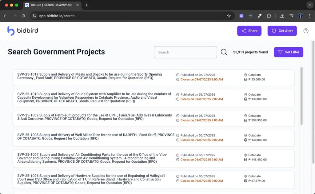 BidBird search page: government project results, filters, and deadlines