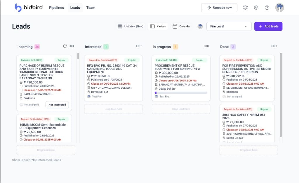 BidBird Leads Kanban board with pipelines, deadlines, and lead cards